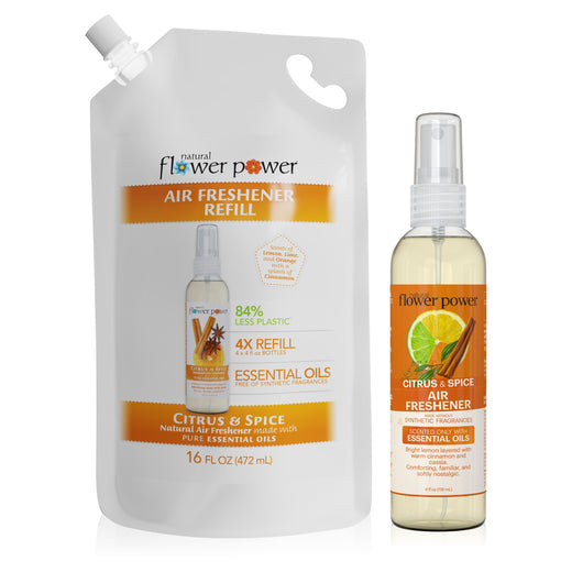 Natural Flower Power Citrus & Spice Air Freshener + 4X Refill Bundle — 4 fl oz spray bottle next to 16 fl oz refill pouch.