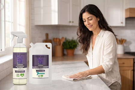 Lavender All-Purpose Cleaner + 7X Refill Bundle while she wipes the kitchen counter