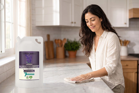 Lavender All-Purpose Cleaner 7X Refill while she wipes the kitchen counter