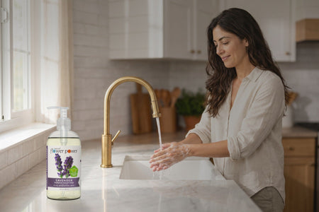 Lavender Liquid Hand Soap while she washes her hands at the kitchen sink