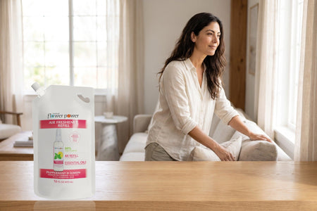 Peppermint & Lemon Air Freshener 4X Refill on a wooden console in a bright living room