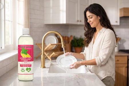 Peppermint & Lemon Liquid Dish Soap while she rinses a plate at the kitchen sink