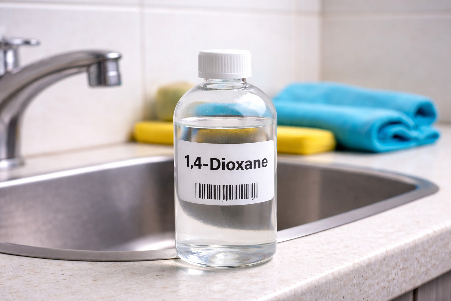 Clear bottle labeled “1,4-dioxane” placed on a bathroom countertop near a sink, shown in a real home setting.