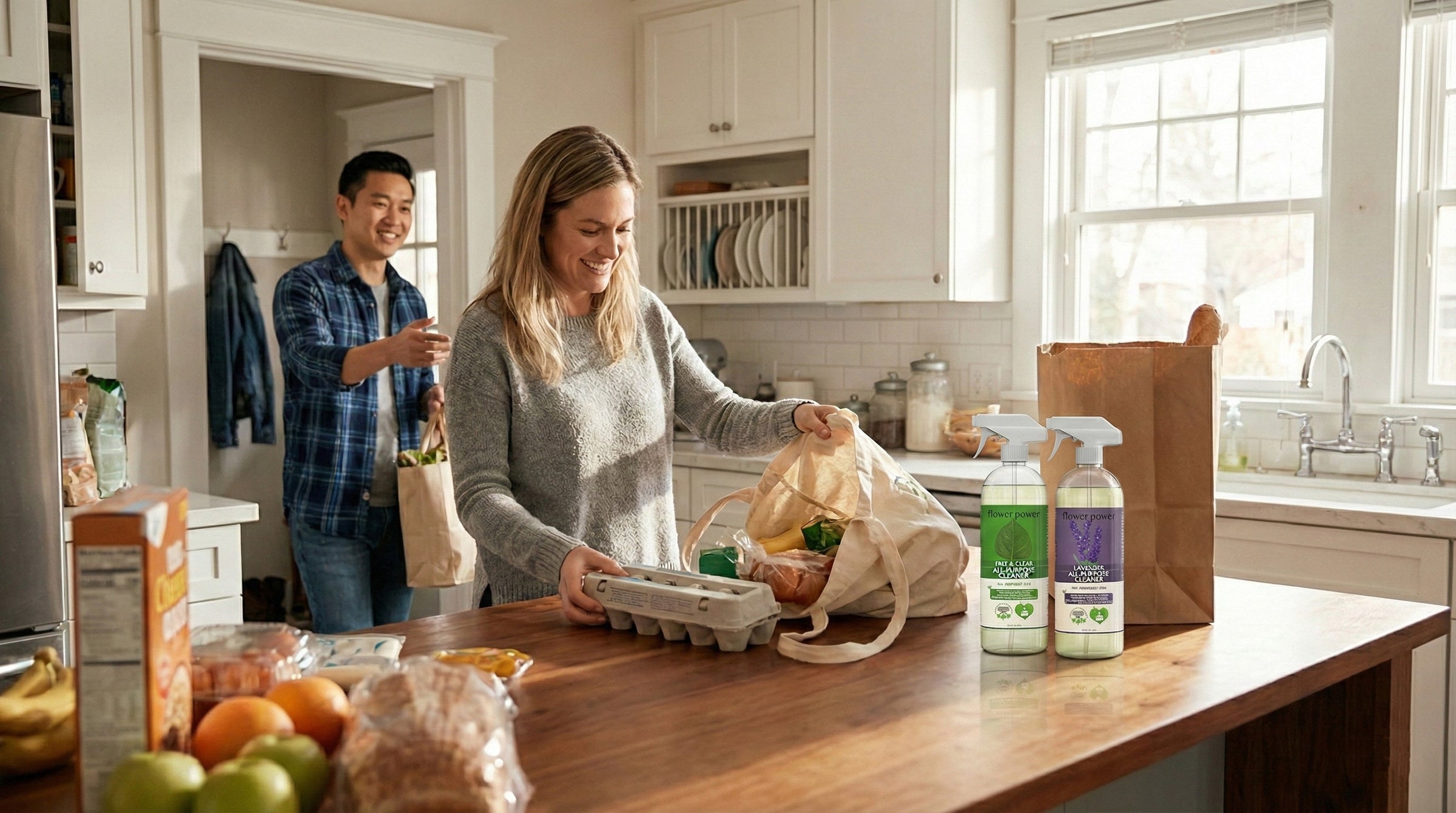 A woman and man unpack groceries in a bright, tidy kitchen. Two Natural Flower Power all-purpose cleaner spray bottles stand on a wooden island countertop.