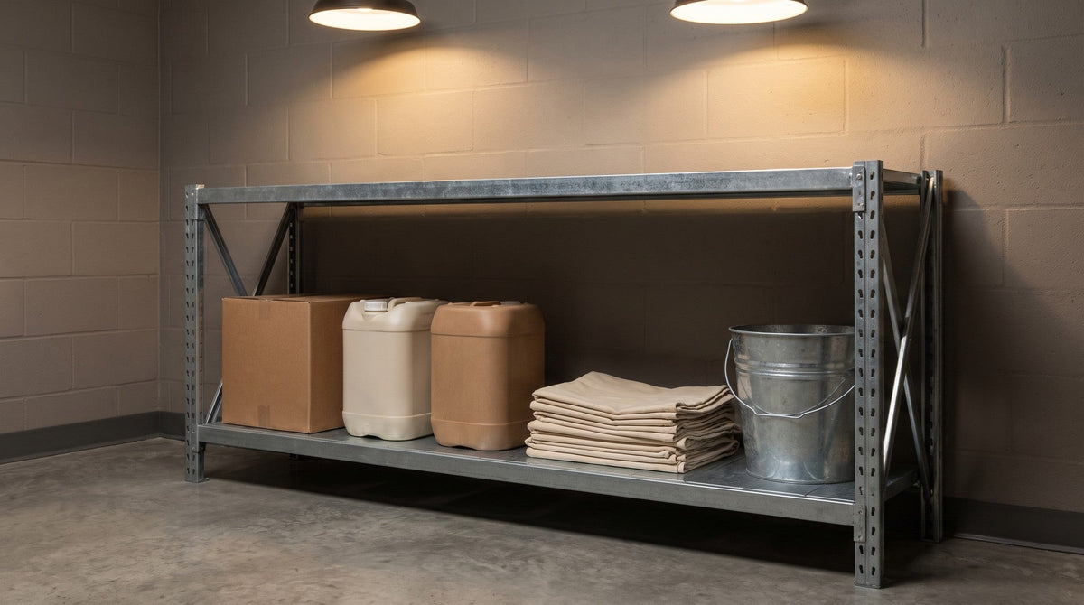 A sturdy steel utility shelf in a clean back room holding large plain unlabelled containers, folded cloths and a galvanised pail.