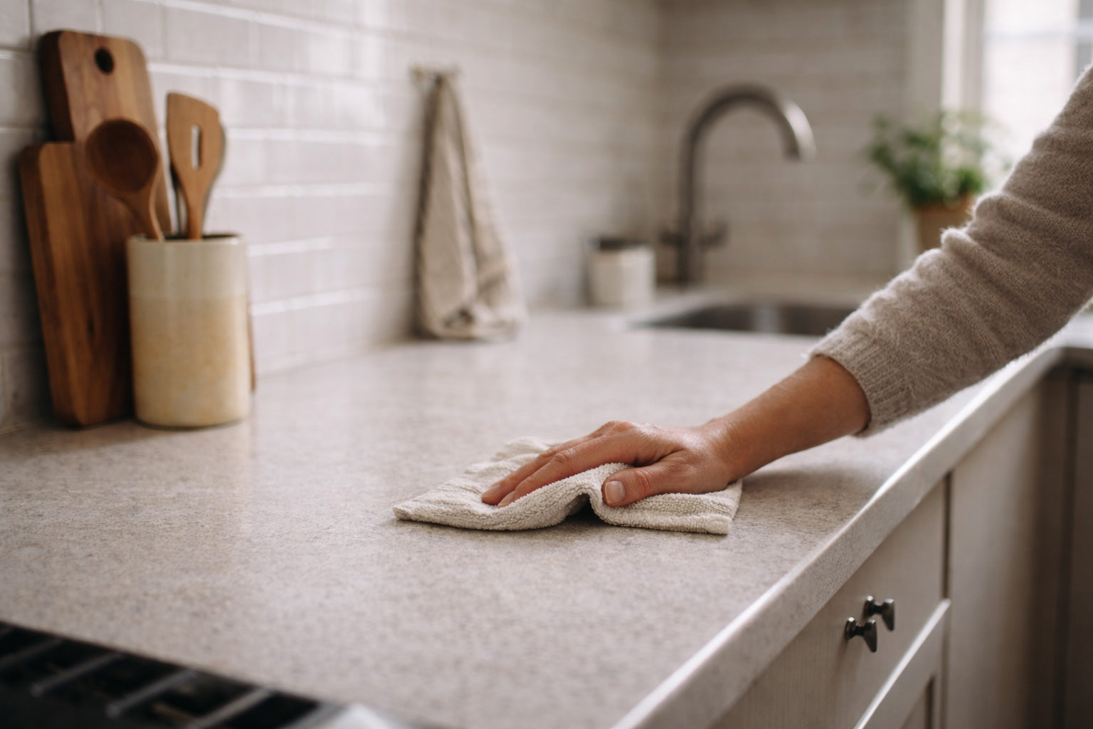 Wiping a kitchen countertop with a cloth in a real home.