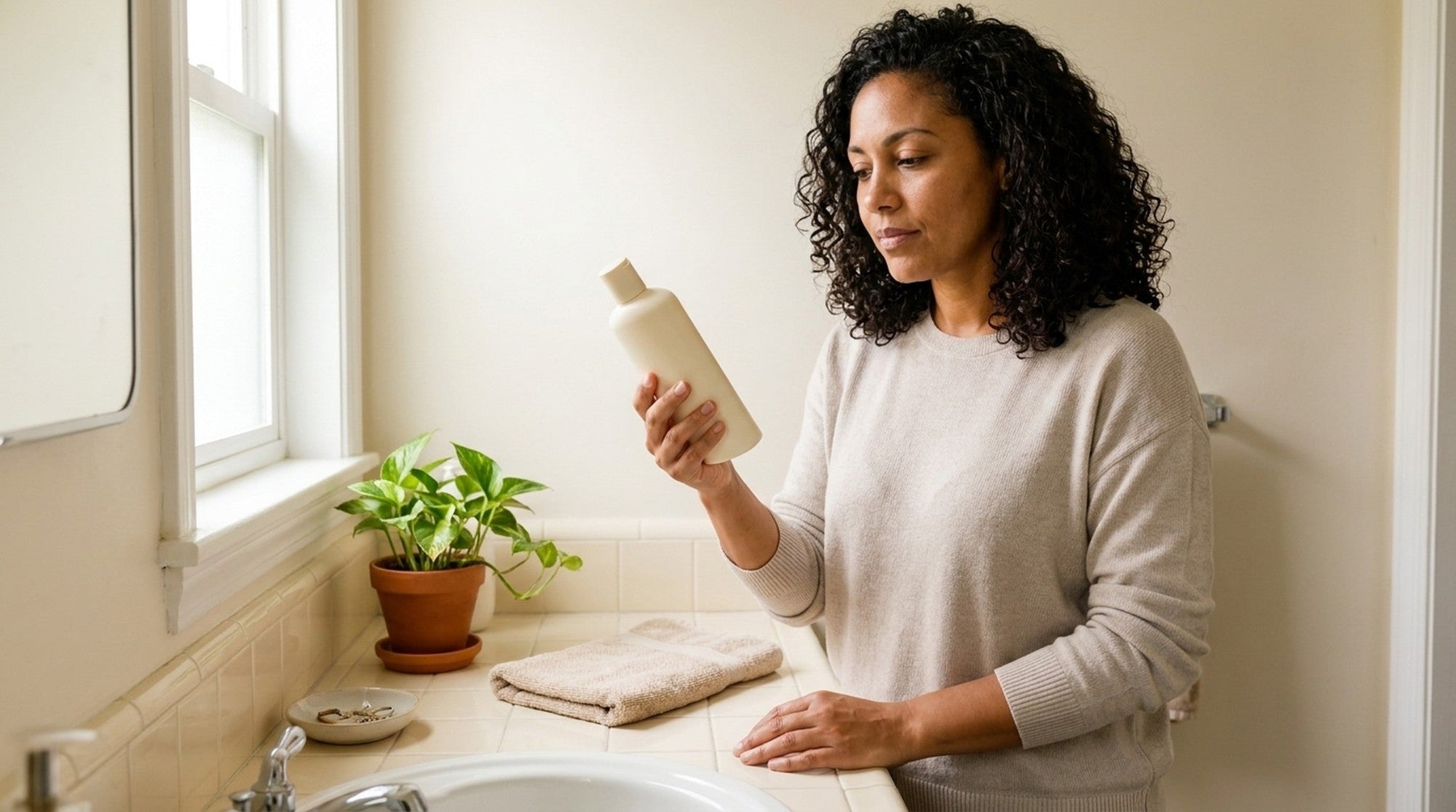 Woman examining the back label of a plain unbranded bottle at a sunlit bathroom counter, with a potted plant on the windowsill and a folded towel nearby.