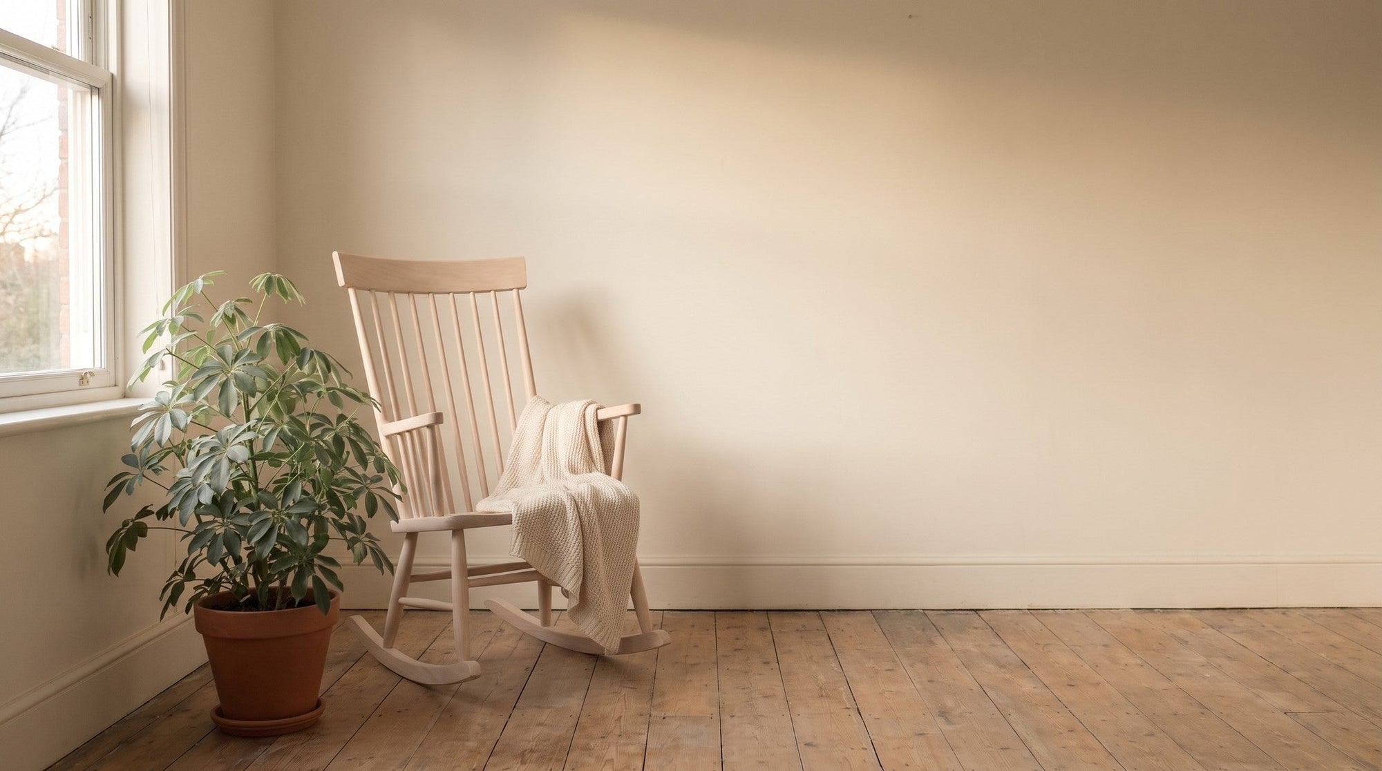 A wooden rocking chair and a leafy houseplant in the corner of a bright, sparsely furnished room in soft daylight.