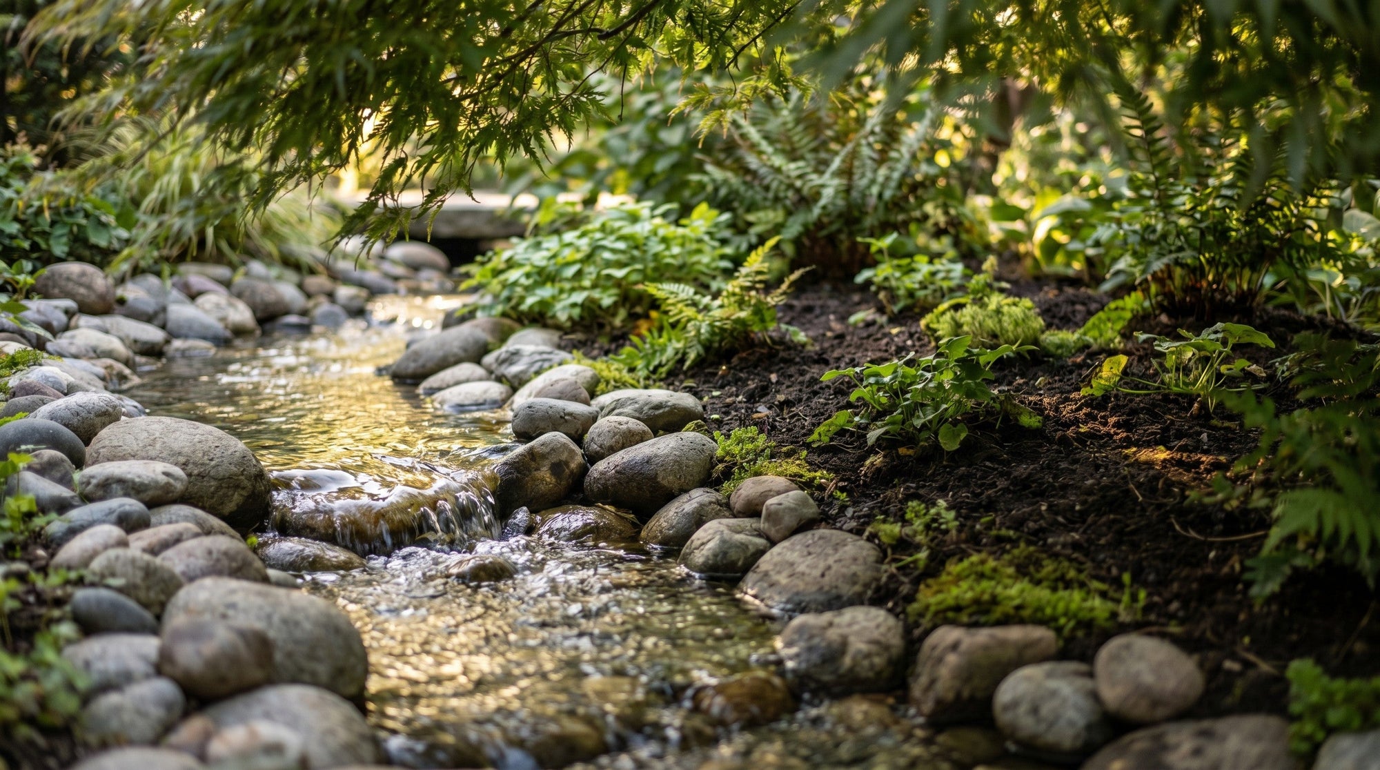 A clear garden stream running over rounded river stones into a planted bed in dappled light.