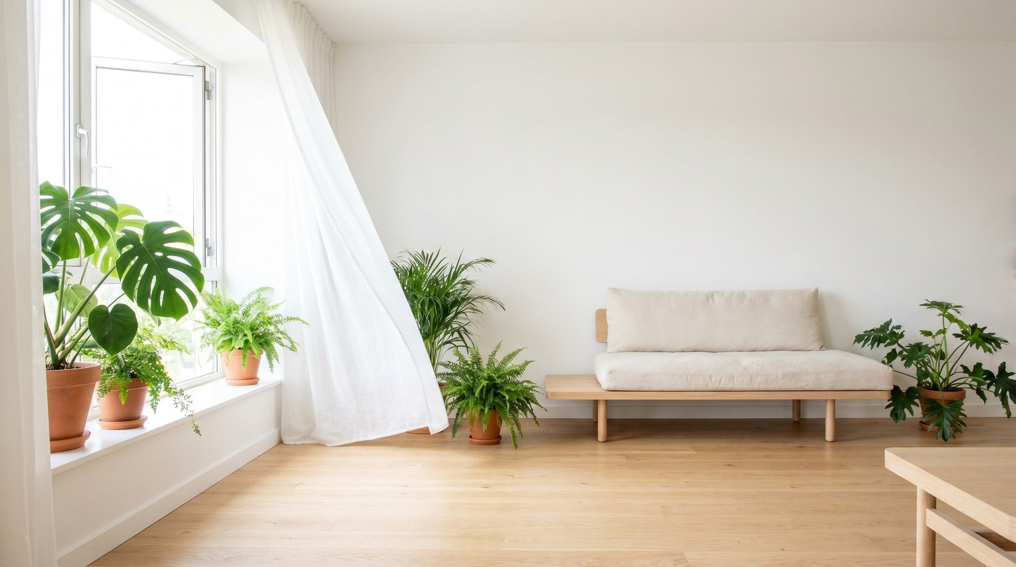 A bright, airy room with an open window, a sheer curtain lifting in the breeze, and many green plants.