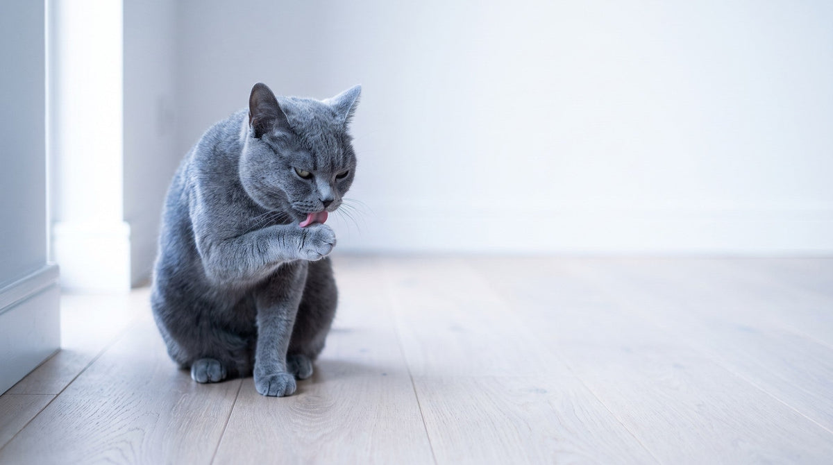 Grey cat sitting on a pale wood floor in cool morning light, mid-groom, licking a raised front paw.