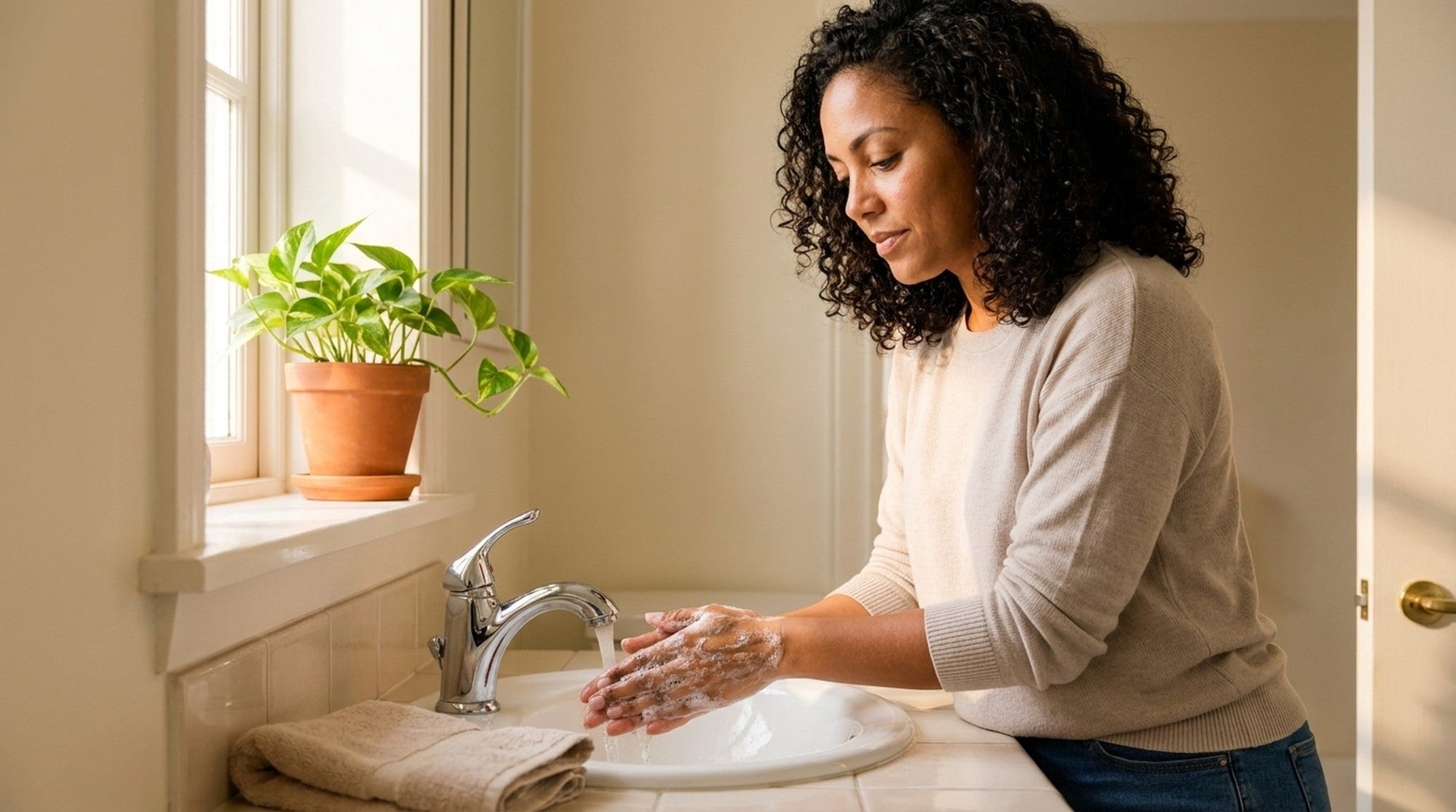 Woman gently washing her hands under flowing water at a sunlit bathroom sink, a potted plant on the windowsill and a folded towel beside the basin.
