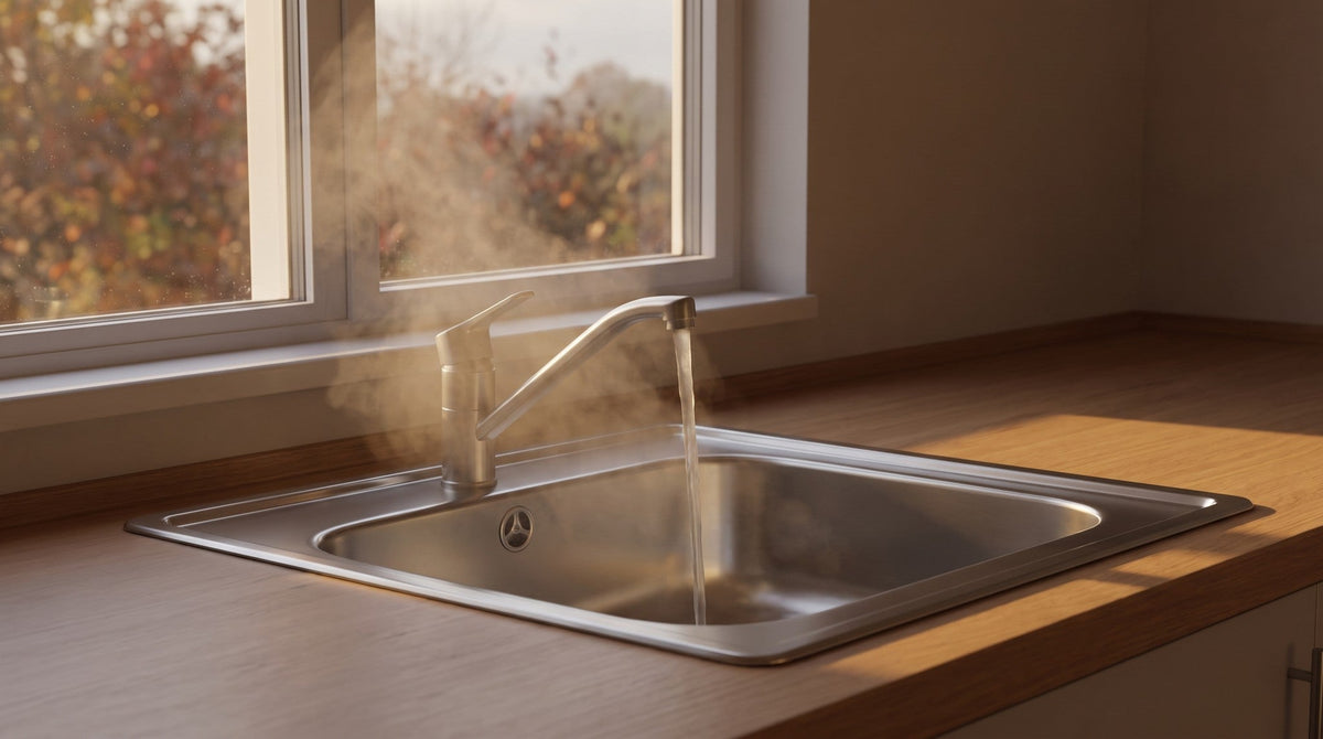A stainless kitchen sink beneath a window in low autumn sunlight, water running from the tap with steam lifting.