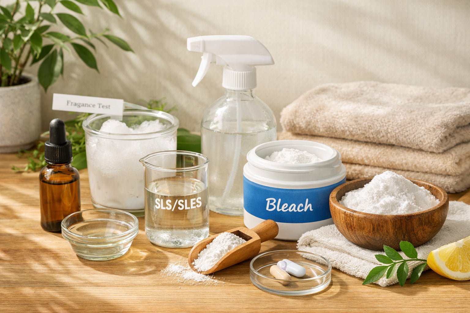 Everyday household cleaning ingredients arranged on a kitchen countertop in natural light.