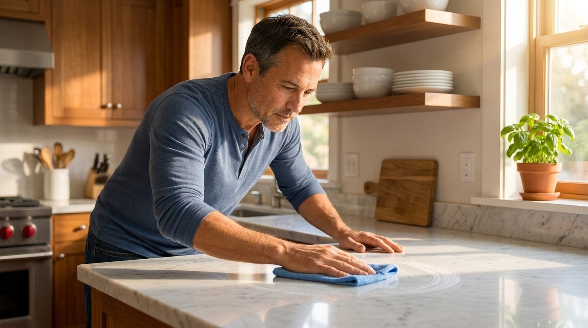 Man wiping a marble kitchen countertop with a folded blue microfiber cloth in a warm, sunlit kitchen.
