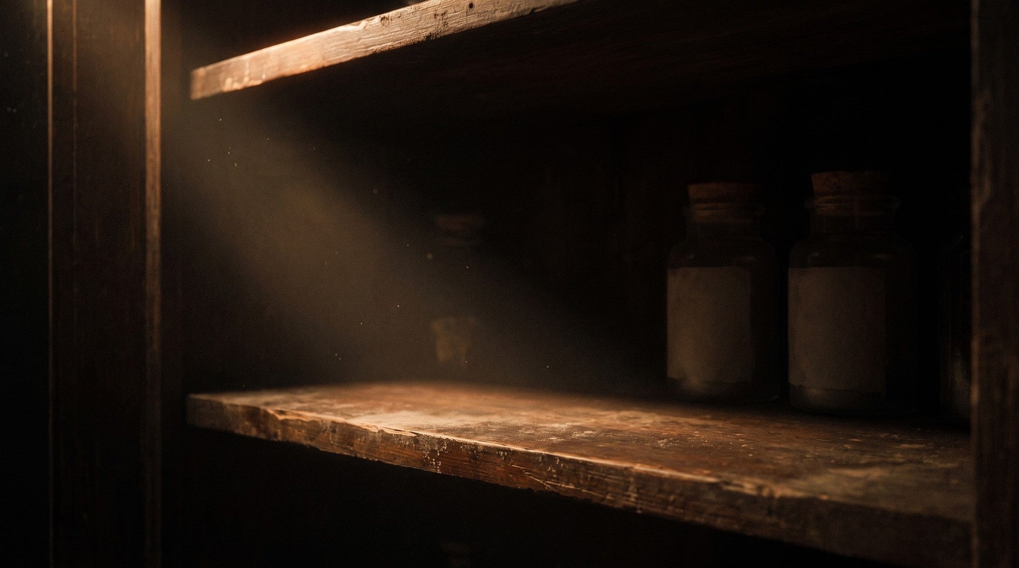 A dim wooden cupboard shelf with a single shaft of warm light falling across it and plain unlabelled jars in shadow behind.
