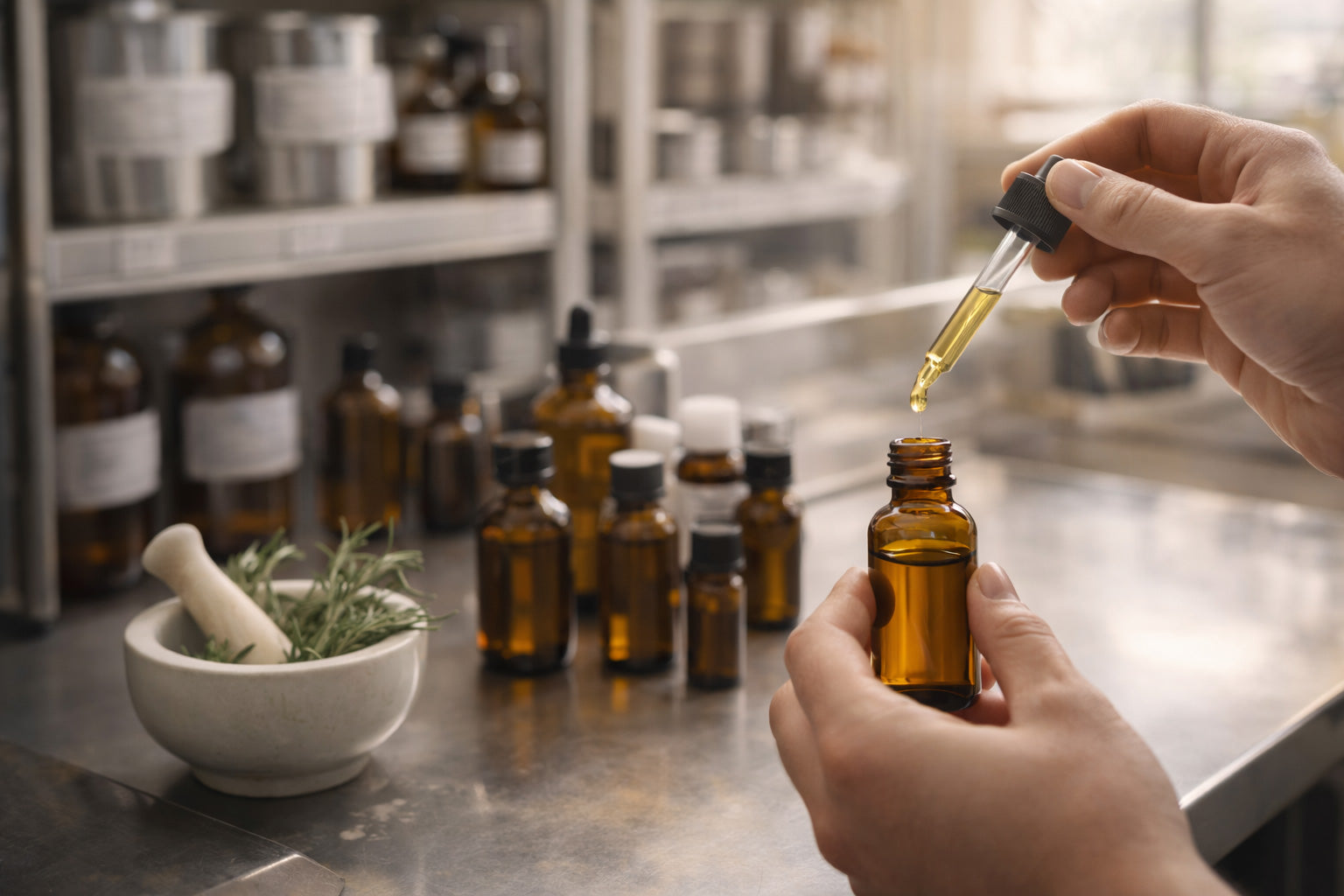 Hands using a dropper to add essential oil into an amber bottle on a stainless workbench, with small amber bottles and a mortar with herbs in the background.