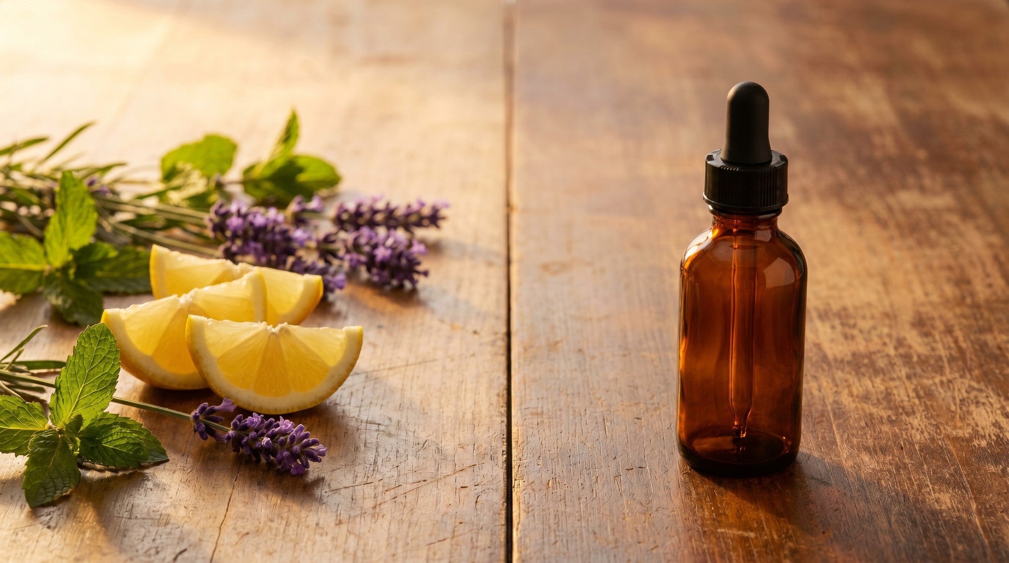 Fresh botanicals on one side and a plain amber dropper bottle on the other, on warm wood in golden light.