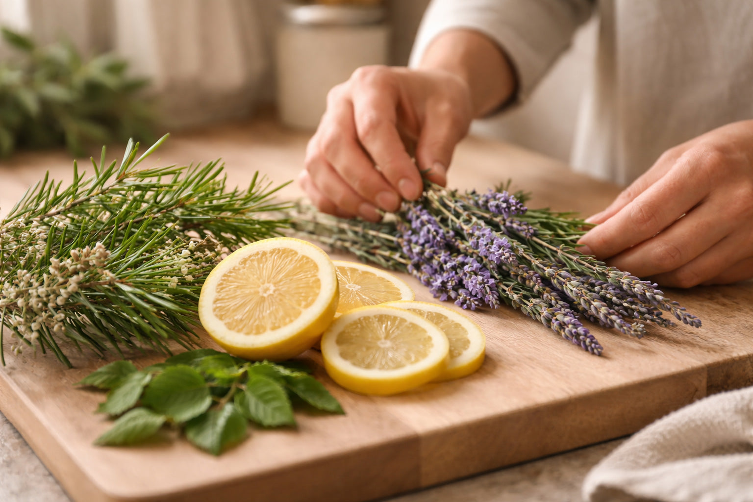Fresh lemon slices, lavender sprigs, and tea tree branches arranged on a wooden surface in soft natural light, with hands gently adjusting the plants.