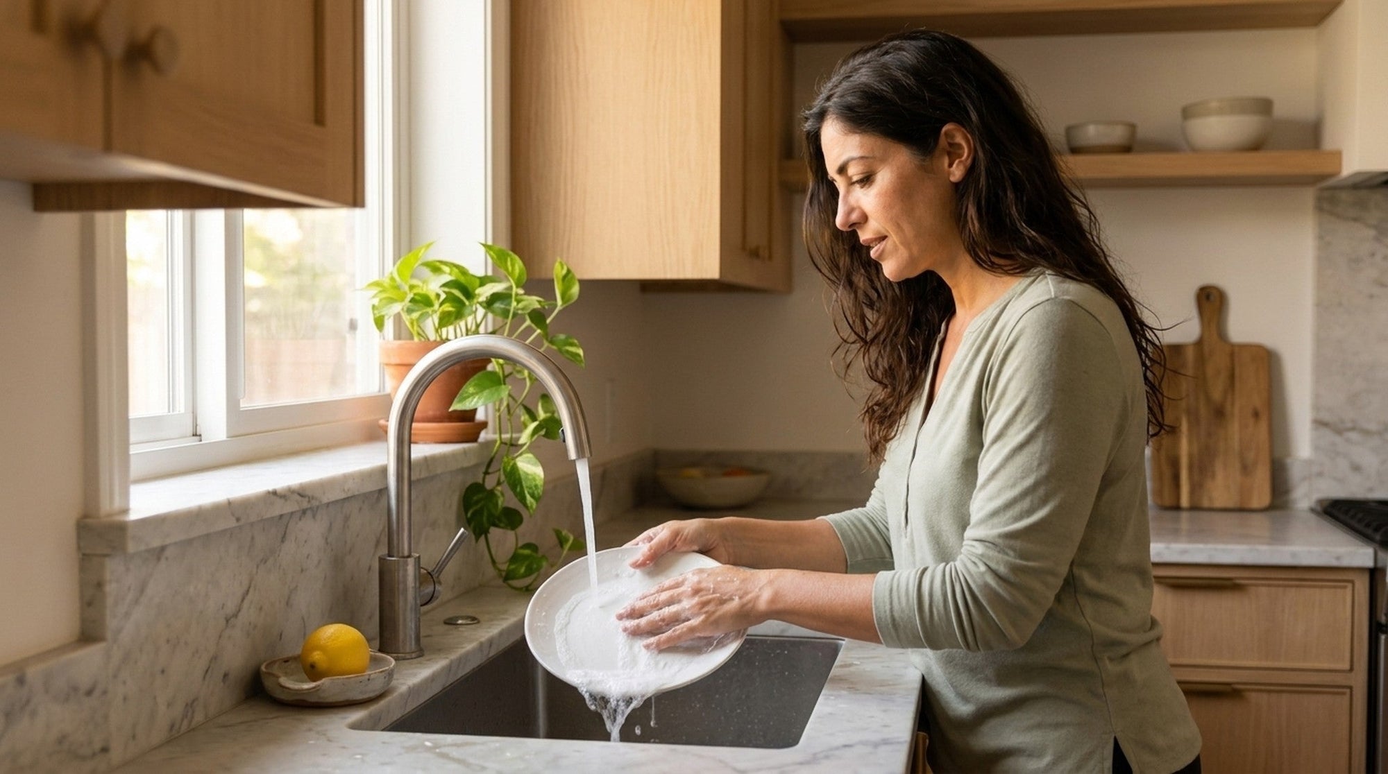 Woman rinsing a soapy white plate under flowing water at a sunlit kitchen sink, suds washing away, light wood cabinetry behind.