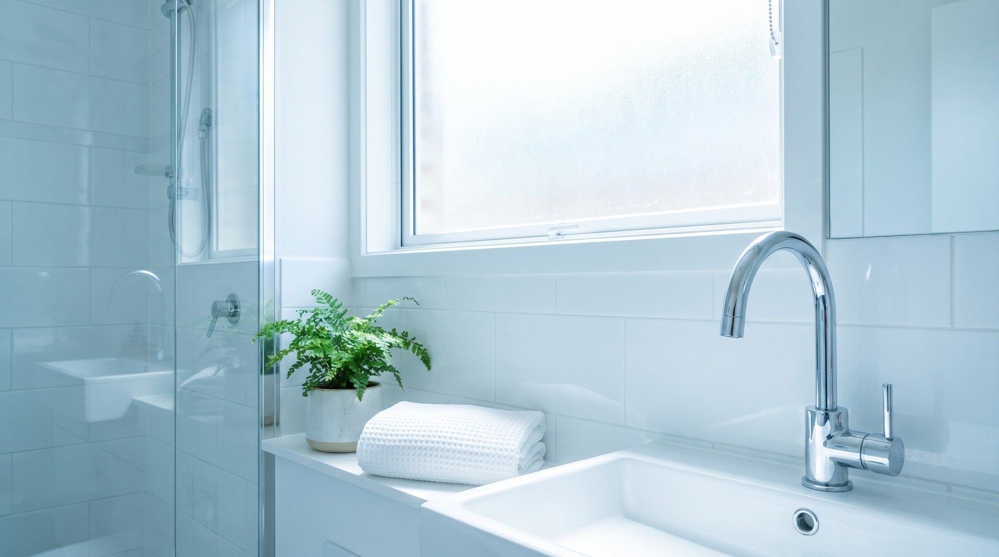 A bright, sunlit white-tile bathroom with a chrome faucet, glass shower panel, fern and a folded white towel.