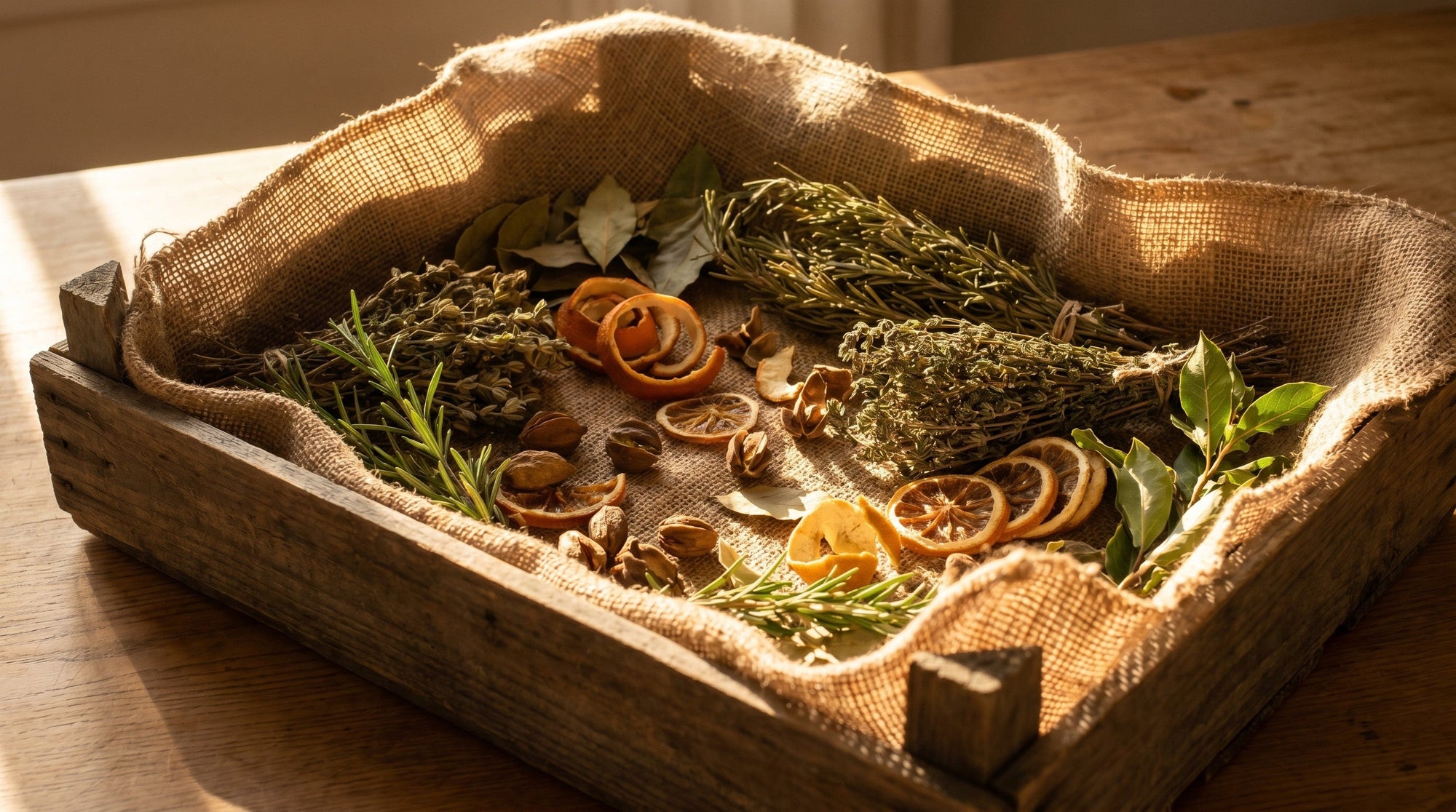 A burlap-lined wooden crate of dried herbs, citrus peel and seed pods in warm golden light.