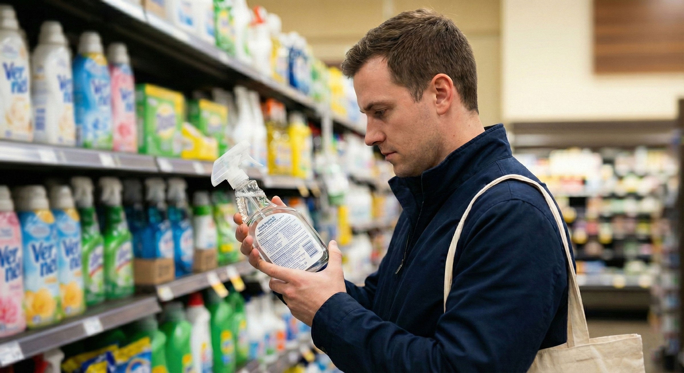 A man in a navy jacket standing in a grocery store aisle, focusing on the ingredient label of a clear cleaning spray bottle.