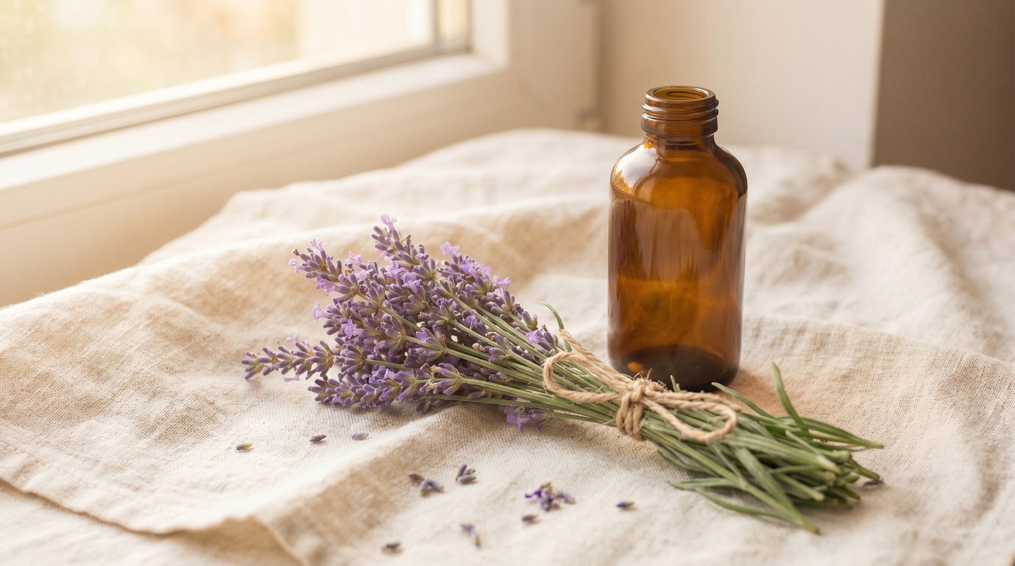 A bundle of fresh lavender on natural linen beside a plain amber bottle, soft warm light.