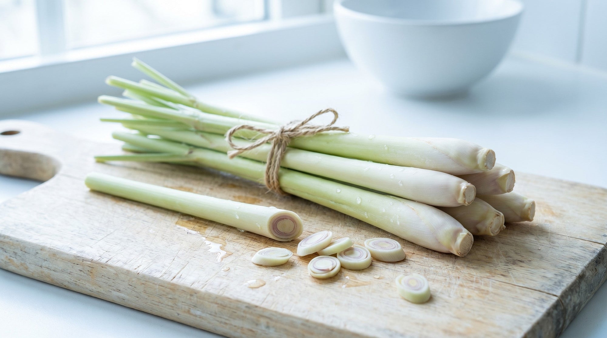 A bundle of fresh lemongrass stalks, one cut into rings, on a pale wooden cutting board in bright daylight.