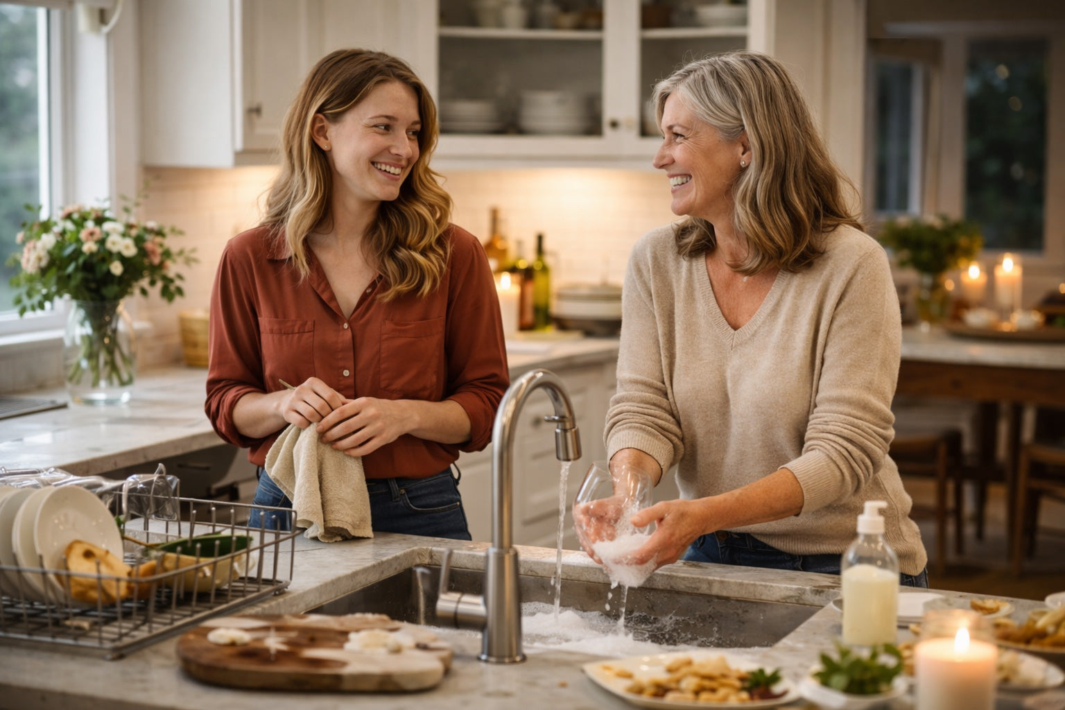 Mother and adult daughter chat while washing dishes at a kitchen sink after a dinner party, with plates drying and a warm, lived-in kitchen in the background.