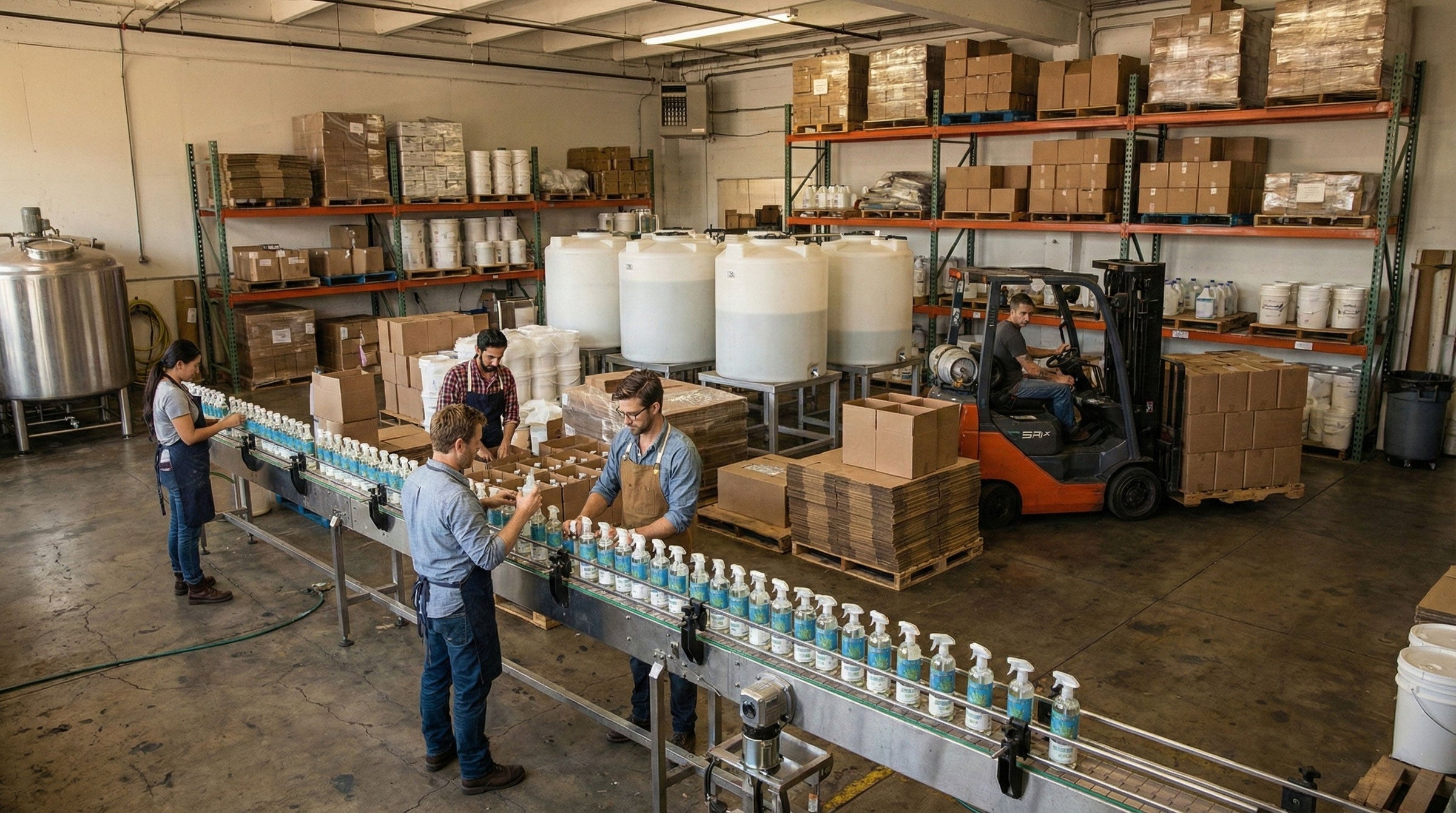 Staff members in an organized warehouse environment working on a cleaning product bottling line next to HDPE tanks and pallet racking with a forklift.