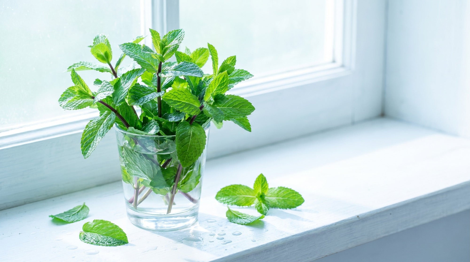 Fresh peppermint sprigs in a clear glass of water on a sunny white windowsill.