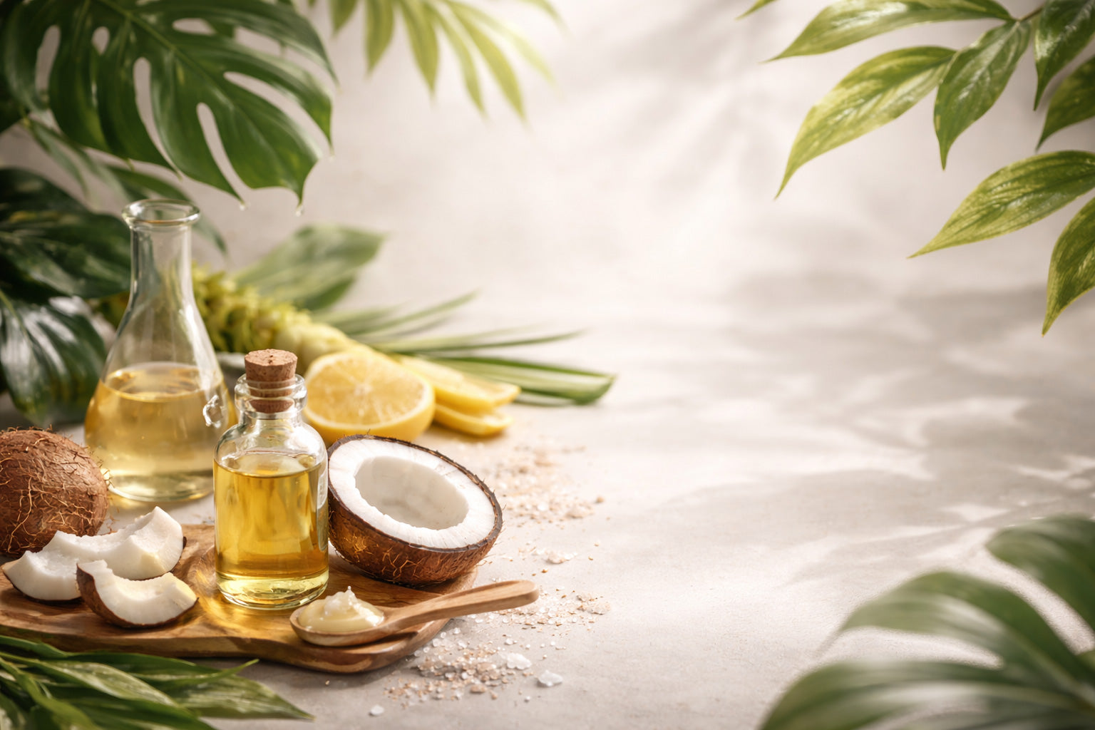 Coconut oil in small glass bottles with halved coconut and green leaves in soft natural light, arranged on a neutral surface.