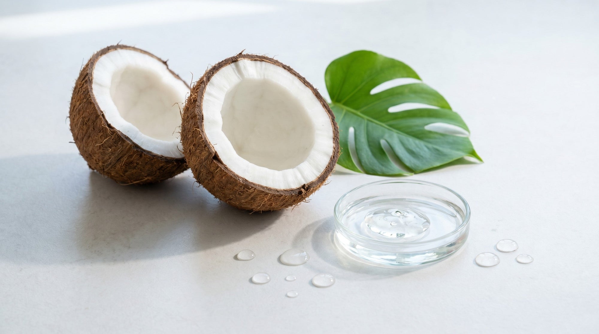 A halved coconut and a glass dish of clear glycerin on a bright clean surface with a green leaf.