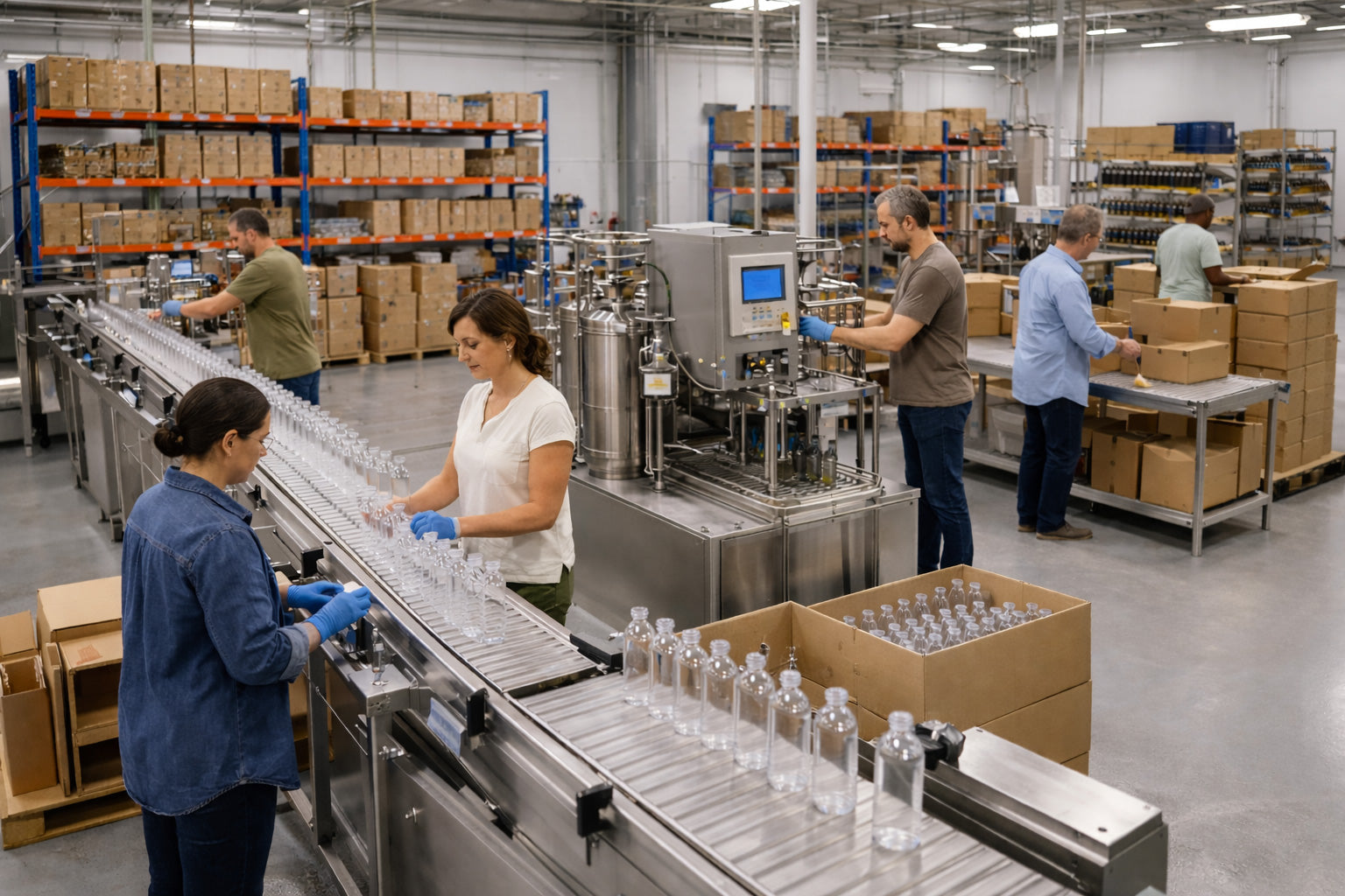 Five workers in casual clothing operate a bottling and packing line with empty clear plastic bottles in a bright manufacturing facility with pallet racking.