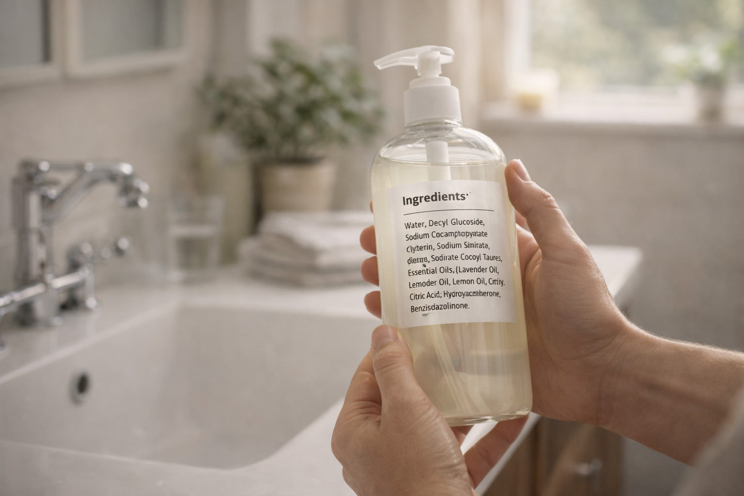 Hands holding a clear pump bottle near a kitchen sink while reading a printed ingredients label in natural light.