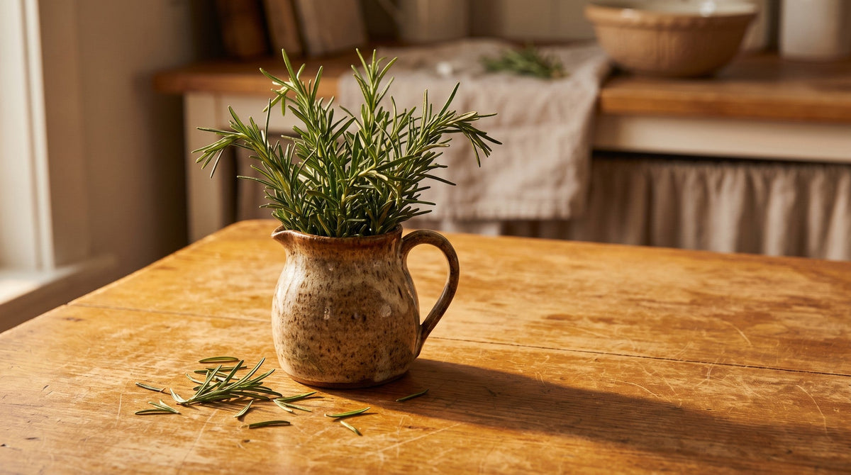 Fresh rosemary sprigs in a small hand-thrown ceramic jug on a worn wooden table in warm late light.