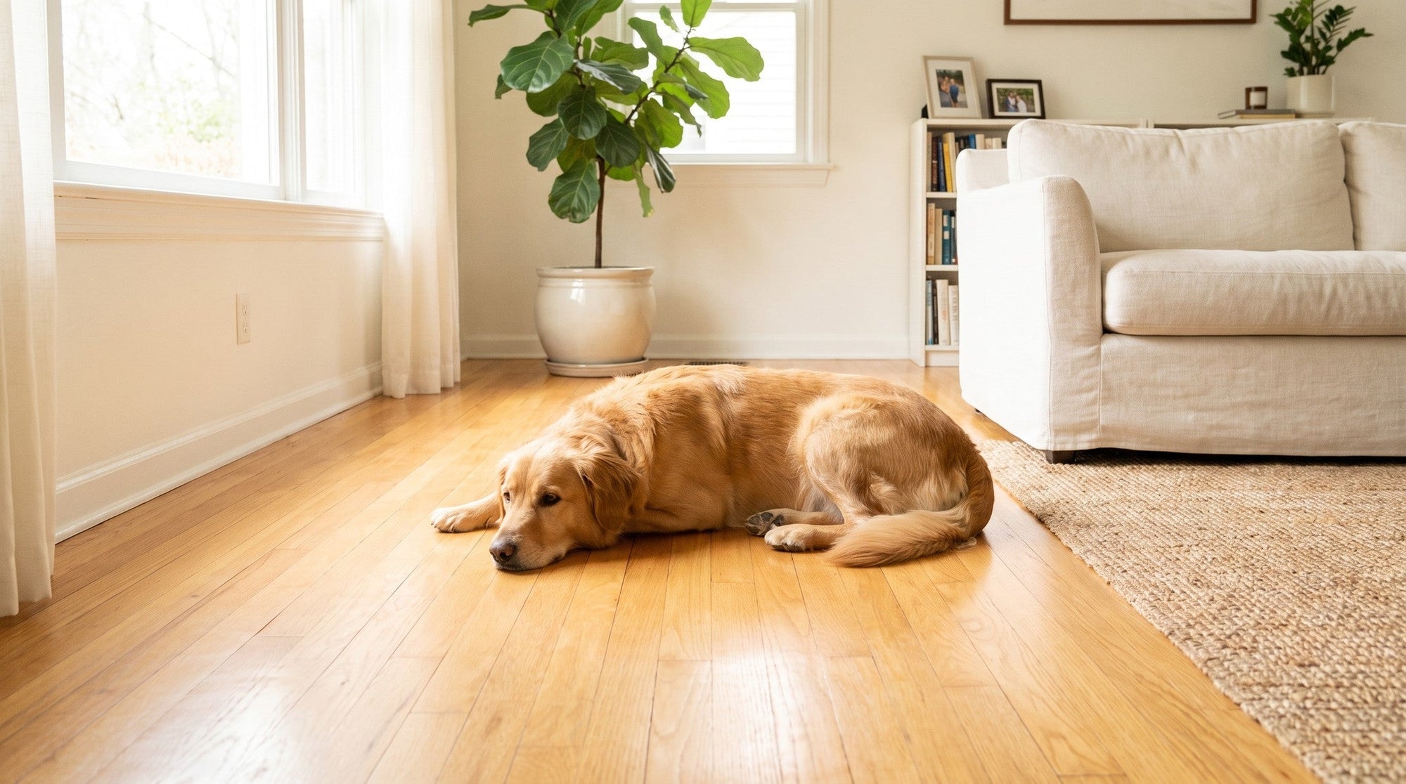 A golden retriever resting on a clean, dry hardwood floor in a sunlit living room with a houseplant and sofa.