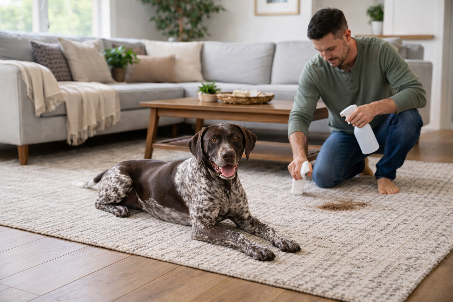German Shorthaired Pointer lies on a rug in a living room while a man crouches nearby and spot cleans a stain on the rug with a spray bottle and cloth.