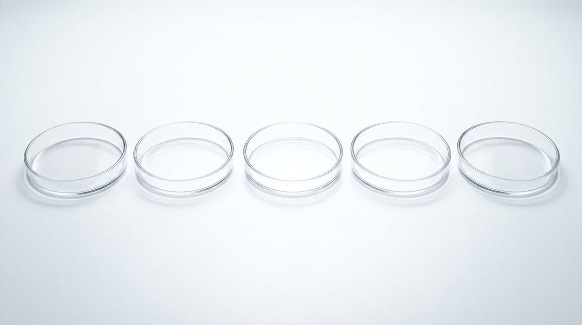 A row of five empty, spotless shallow round glass dishes on a bright white surface in cool, clinical light.