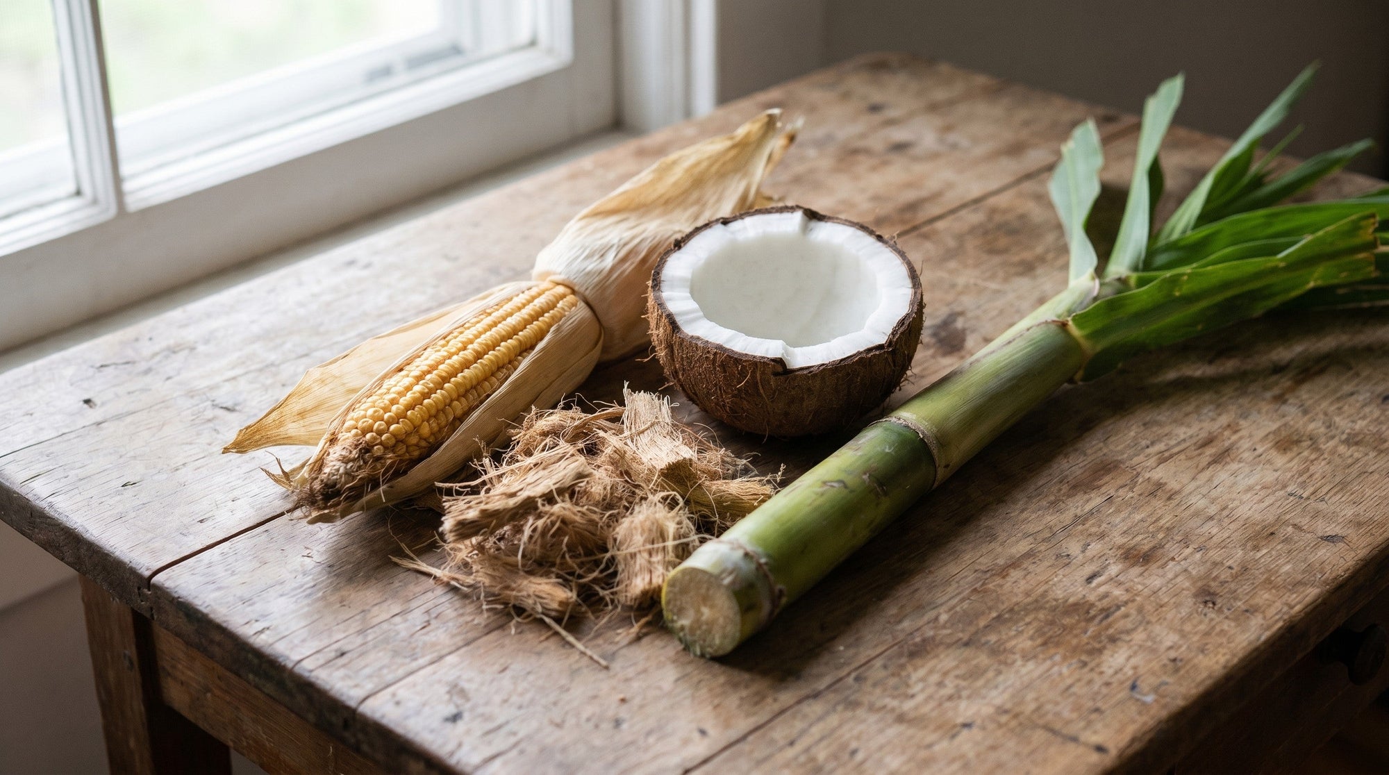 Raw bio-based plant feedstocks — corn, coconut, sugarcane, plant fiber — arranged on rustic wood.