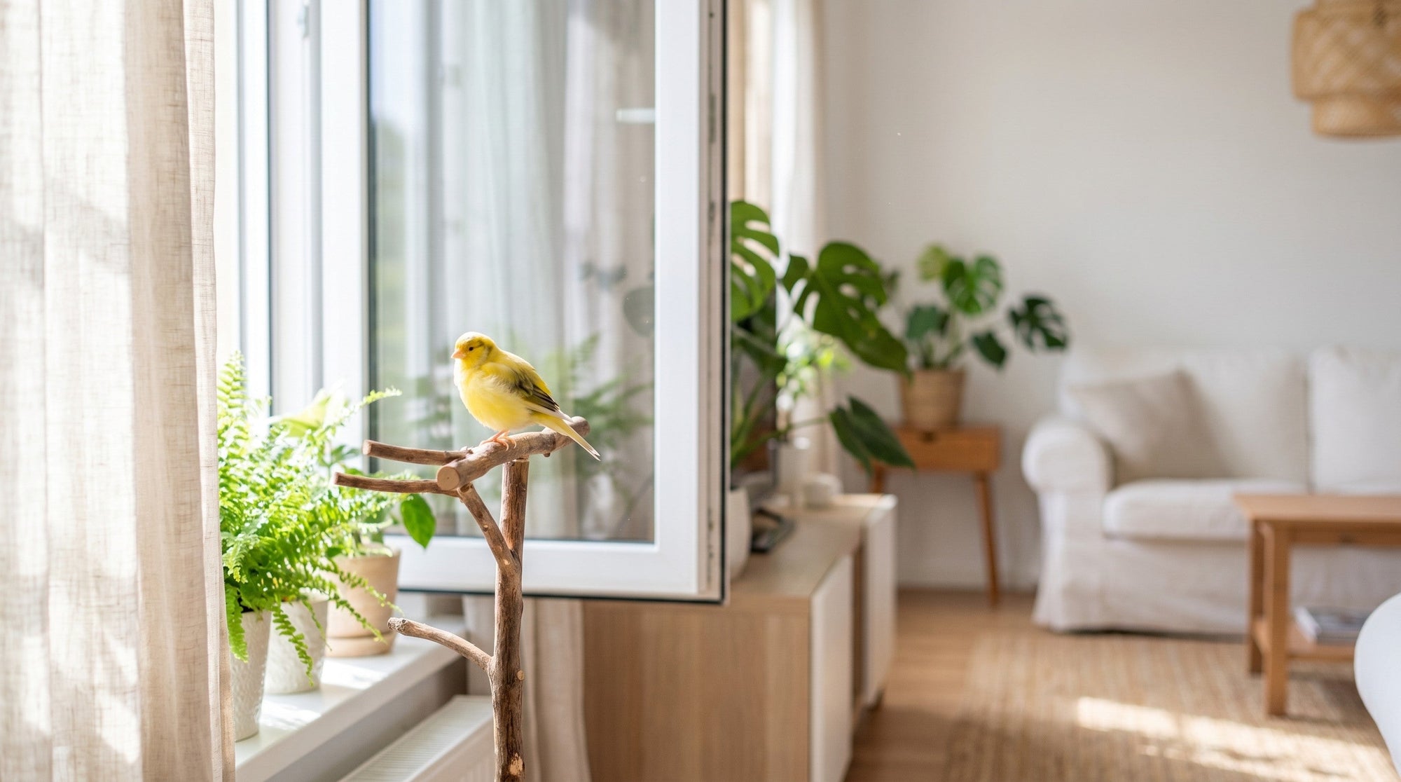 A small yellow canary on a wooden perch beside a bright window with houseplants in an airy living room.