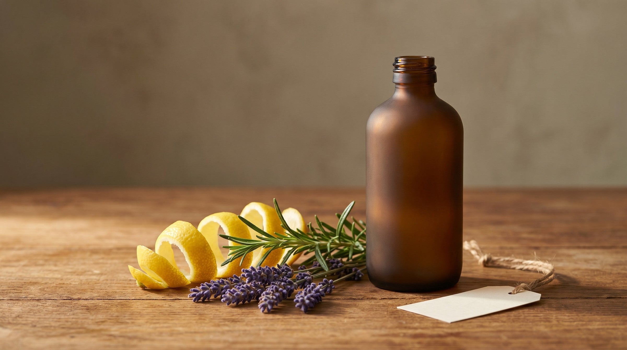Fresh aromatic botanicals — citrus peel, rosemary, lavender — beside a plain unlabeled amber bottle on warm wood.