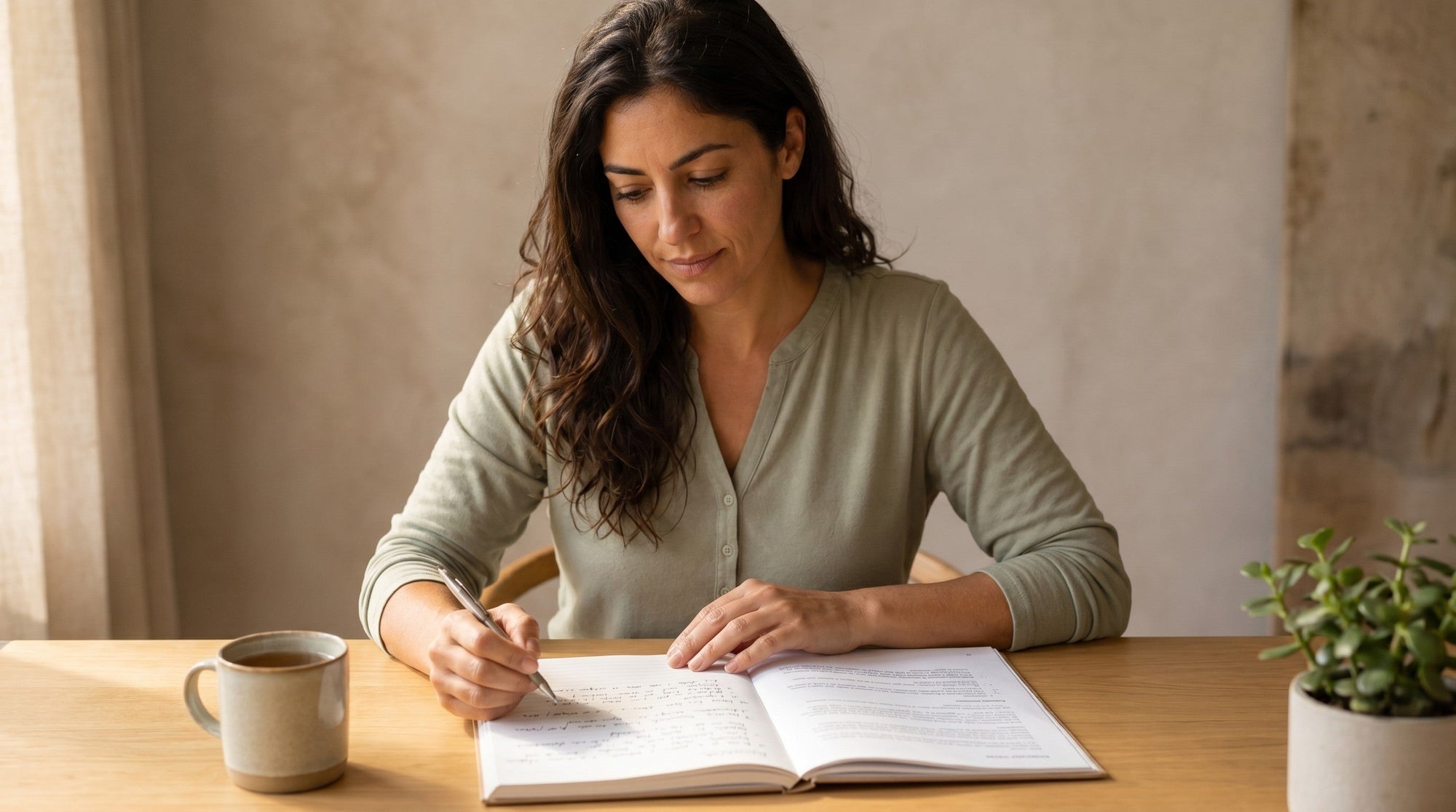 A woman reviewing notes at a clean wood desk with a cup of tea and a small plant, warm focused light.