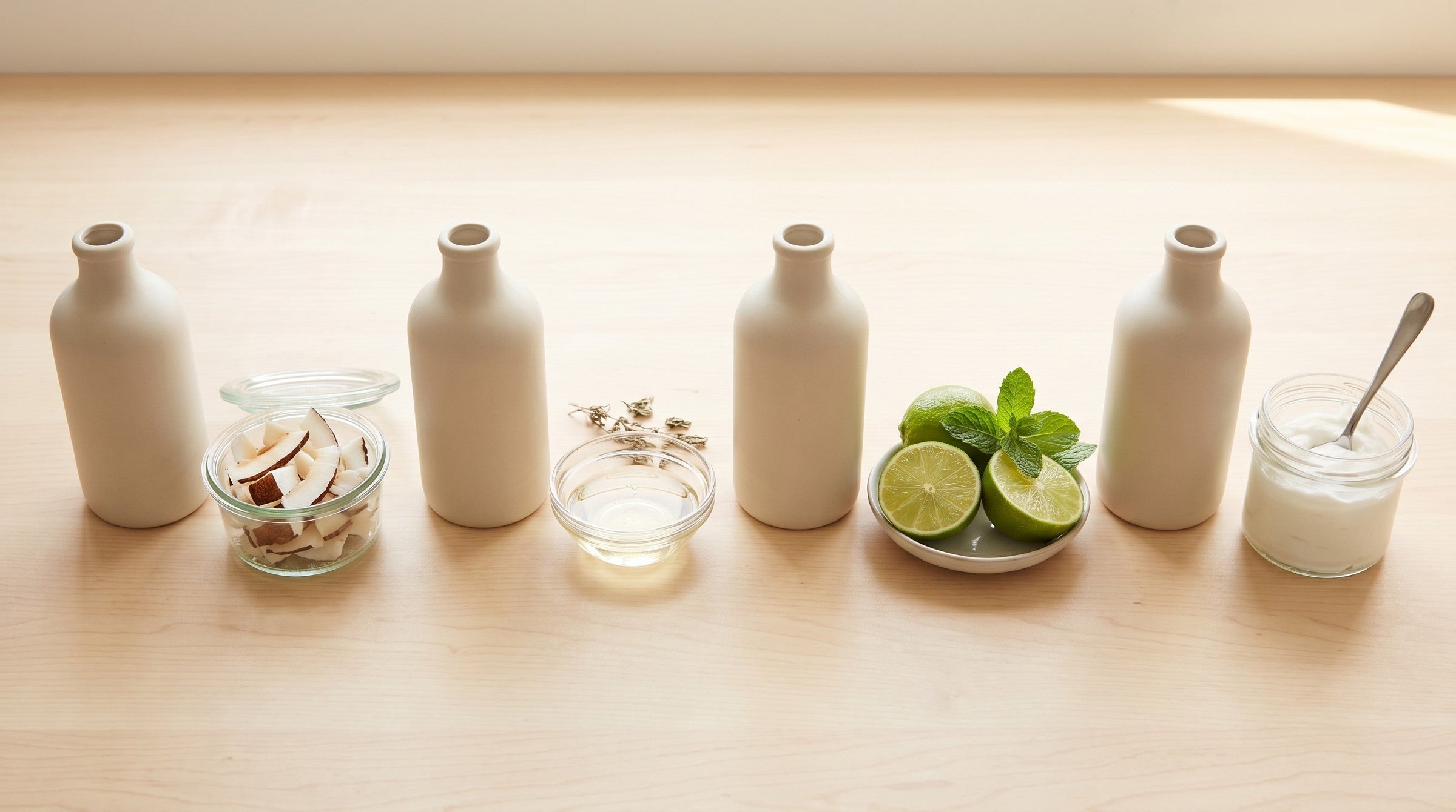 A row of plain unlabeled bottles with open dishes of raw ingredients — coconut, glycerin, citrus, herbs — on a light wood counter.