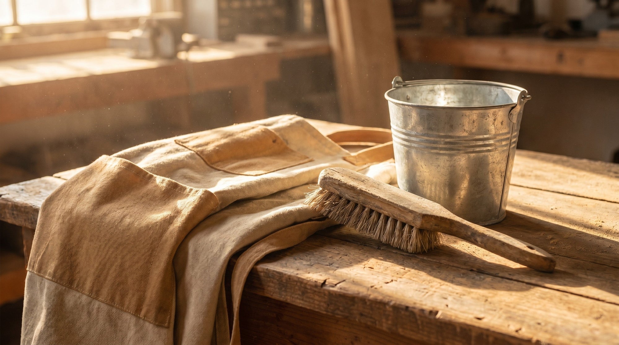 A folded canvas apron, a wooden-handled scrub brush and a galvanized pail on a warm wooden workbench in golden light.