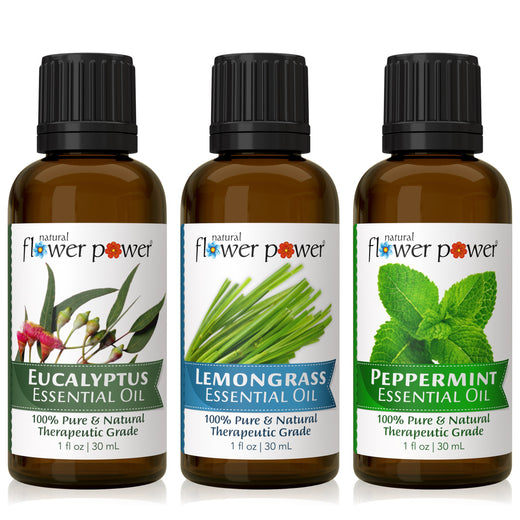 Natural Flower Power Essential Oils Variety 3-Pack — Eucalyptus, Lemongrass, and Japanese Peppermint 1 fl oz amber dropper bottles.