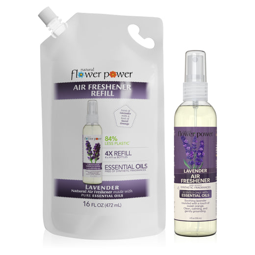 Natural Flower Power Lavender Air Freshener + 4X Refill Bundle — 4 fl oz spray bottle next to 16 fl oz refill pouch.