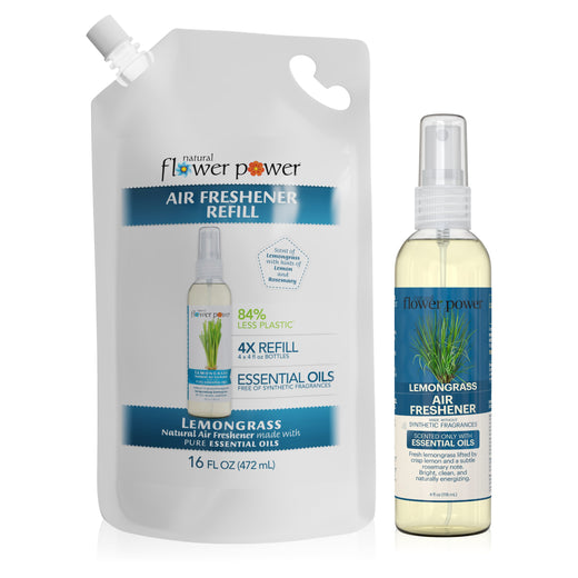 Natural Flower Power Lemongrass Air Freshener + 4X Refill Bundle — 4 fl oz spray bottle next to 16 fl oz refill pouch.