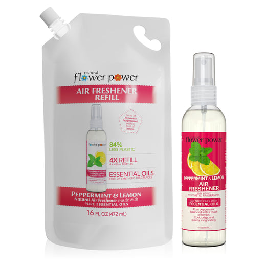 Natural Flower Power Peppermint & Lemon Air Freshener + 4X Refill Bundle — 4 fl oz spray bottle next to 16 fl oz refill pouch.